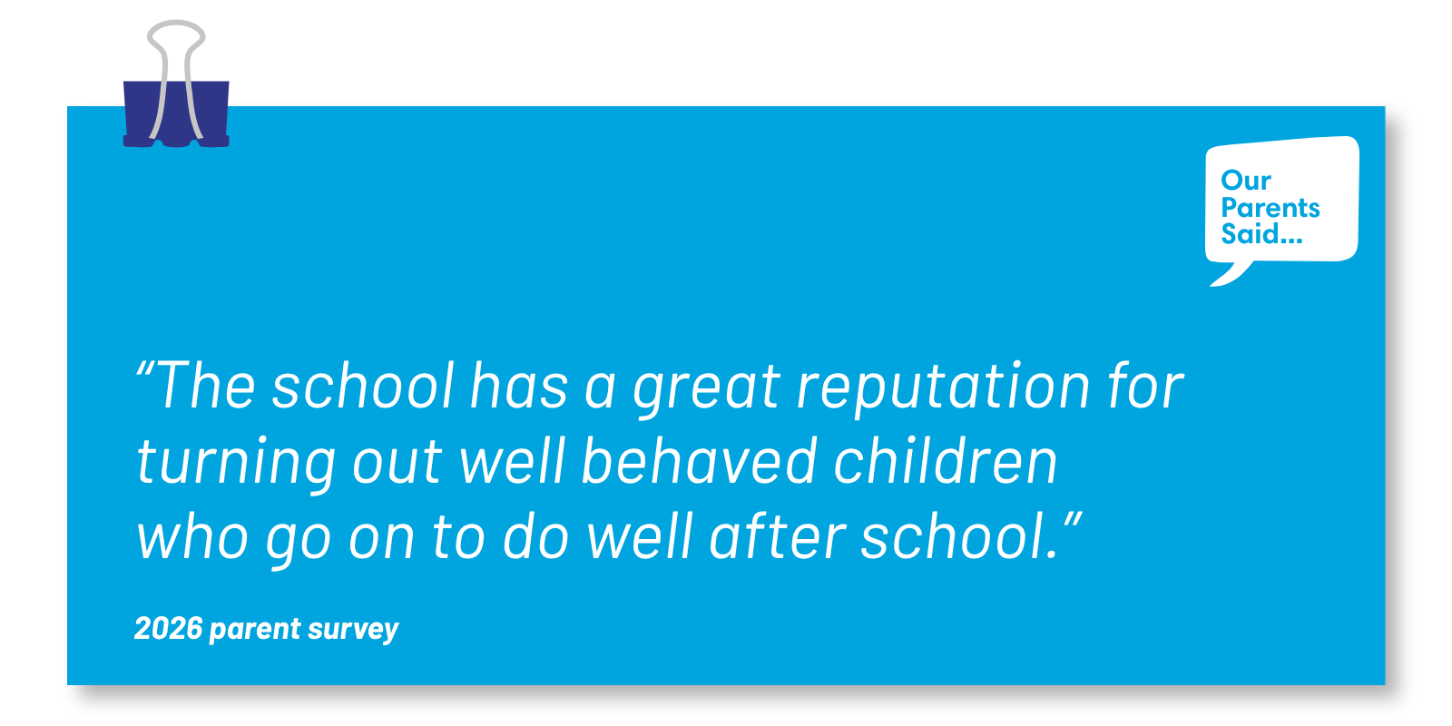 “The school has a great reputation for turning out well behaved children who go on to do well after school.”  2026 Parent Survey Quote