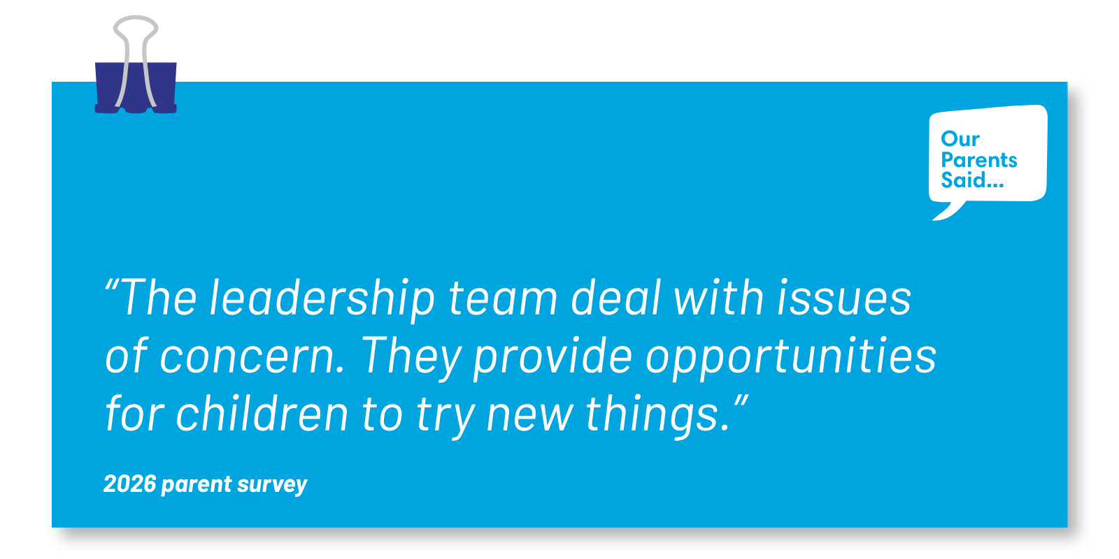 “The leadership team deal with issues of concern. They provide opportunities for children to try new things.” 2026 Parent Survey Quote